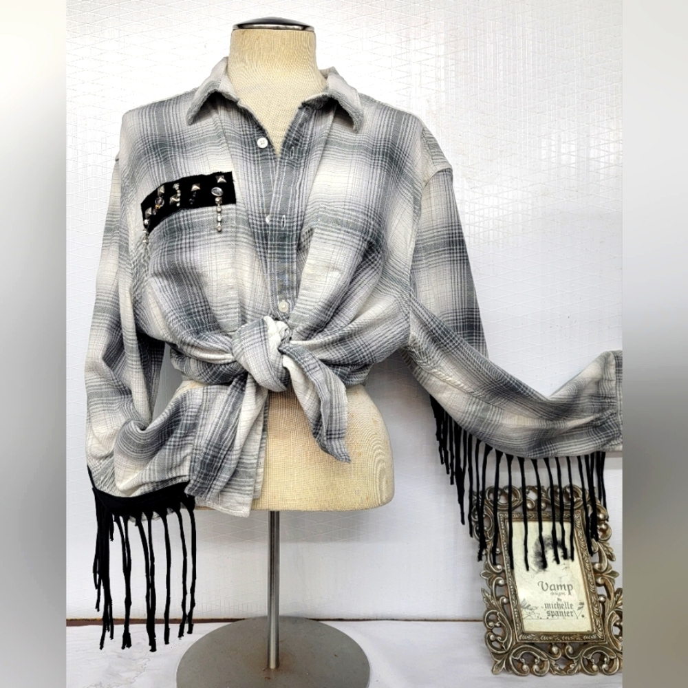Elvis Upcycled Flannel with Bling and Fringe